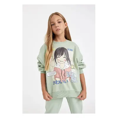 DEFACTO Girl Oversize Wide Pattern Crew Neck Printed Sweatshirt