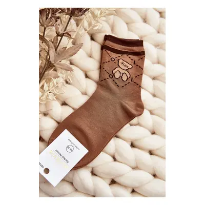 Brown patterned women's socks with teddy bear