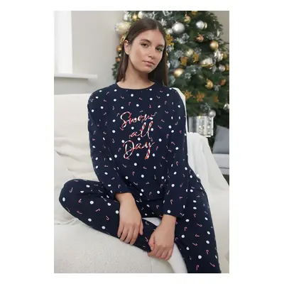 Trendyol Navy Blue 100% Cotton Polka Dot Christmas Themed Knitted Pajama Set