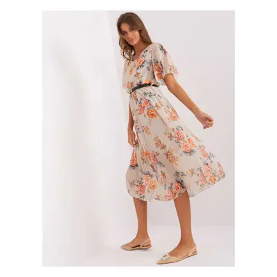 Beige floral midi dress with belt