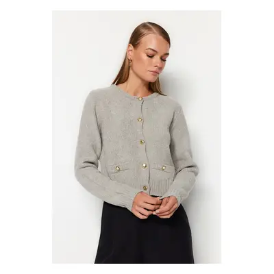 Trendyol Gray Crop Premium Yarn/Special Yarn Pocket Detailed Jacket-Look Knitwear Cardigan