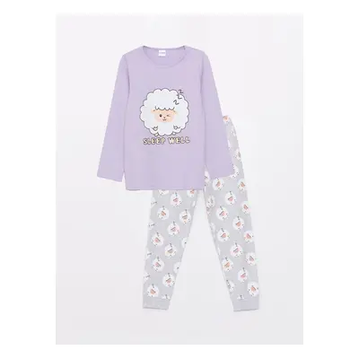 LC Waikiki Crew Neck Printed Long Sleeve Girls Pajamas Set