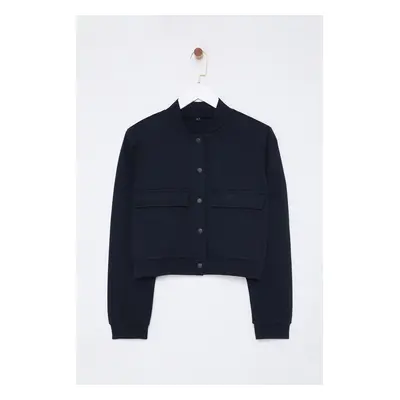 Trendyol Navy Blue Padded Buttoned Stand Collar Interlock Crop Jacket