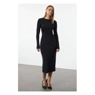 Trendyol Navy Blue Plain Gathered Midi Body-Smoothing Flexible Knit Dress