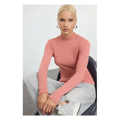 Trendyol Pink Fitted High Neck Long Sleeve Ribbed Stretchy Knitted Blouse