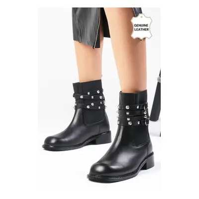 Mio Gusto Genuine Leather Black Color Flat Toe Women's Elastic Biker Boots