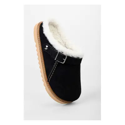 Shoeberry Women's Saboi Black Suede Furry Flat Slippers