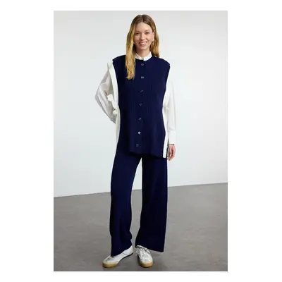 Trendyol Navy Blue Color Block Slit Detail Vest-Pants Knitwear Bottom-Top Set