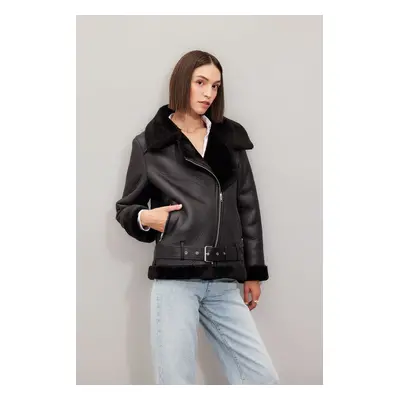 DEFACTO Double Breasted Plush Lined Coat Zipper Closure Pocket Belted Seasonal