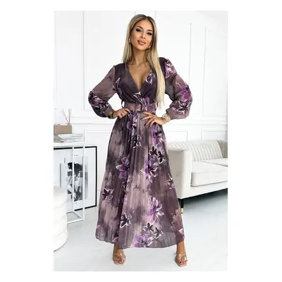 Pleated chiffon long dress with neckline, long sleeves and wide belt Numoco