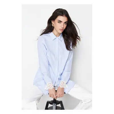 Trendyol Blue Embroidery Detailed Cotton Blend Woven Shirt