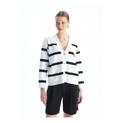 LC Waikiki Lcw V-Neck Striped Long Sleeve Women's Knitwear Cardigan