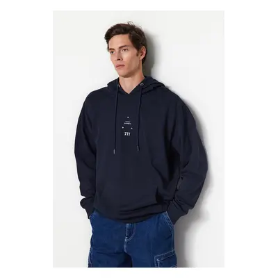 Trendyol Navy Blue Oversize/Wide-Fit Hooded Space Printed Fleece Sweatshirt