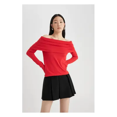 DEFACTO Fitted Open Shoulder Basic Plain Knitwear Red Sweater