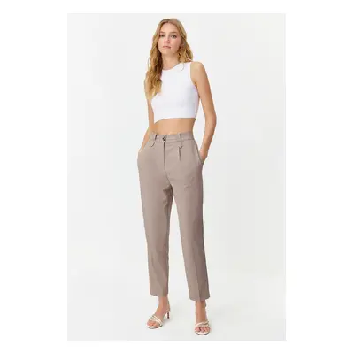 Trendyol Beige Carrot High Waist Polyviscon Woven Trousers