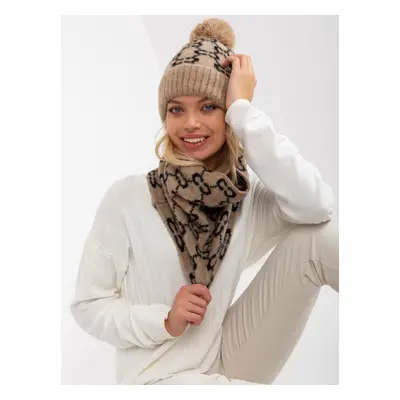 Beige and black women's winter hat with pompom