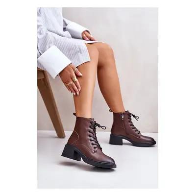 Insulated women's ankle boots on a low heel made of natural leather Vinceza brown