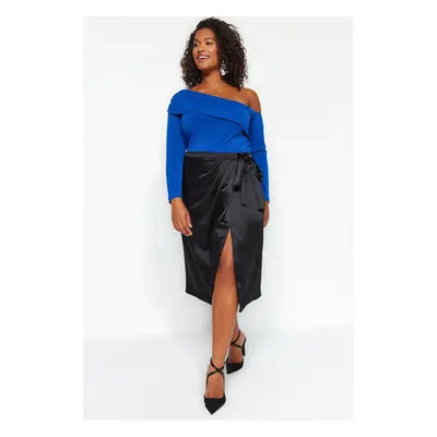 Trendyol Curve Black Slit and Tie Detail Satin Woven Skirt