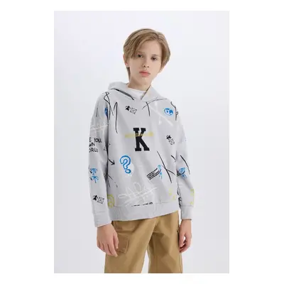 DEFACTO Boy Oversize Wide Pattern Hooded Patterned Thick Sweatshirt