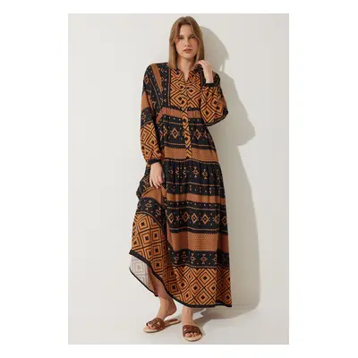 Happiness İstanbul Women's Black Brown Patterned Oversize Summer Viscose Dress