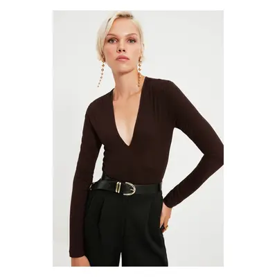 Trendyol Brown Deep V-Neck Snap Knitted Bodysuit