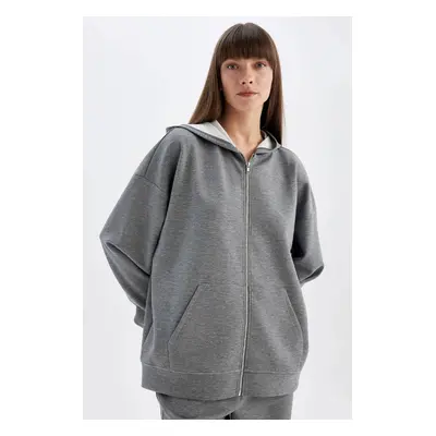 DEFACTO Grey Oversize Wide Pattern Hooded Basic Plain Scuba Diving Fabric Pocket Zippered Sweats