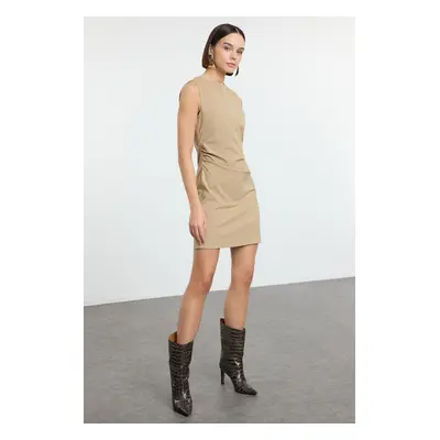 Trendyol Camel Plain Body-hugging Mini Drape Detailed Woven Dress