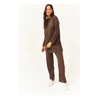 Olalook Women's Bitter Brown Top Slit Blouse Bottom Palazzo Corduroy Suit