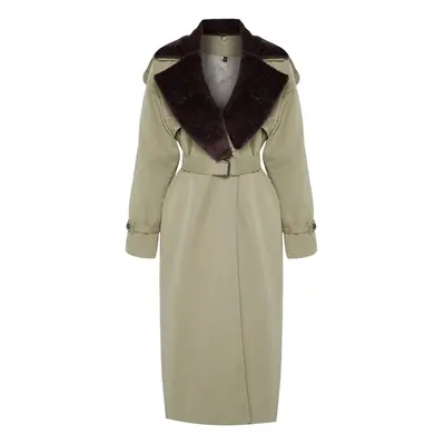 Trendyol Light Khaki Regular Collar Plush Detail Belted Trench Coat