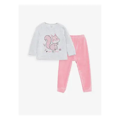 LC Waikiki Crew Neck Long Sleeve Printed Velvet Baby Girl Pajamas Set