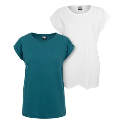 Women's T-shirt with extended shoulder 2-pack blue-green+white