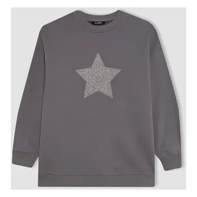 DEFACTO Regular Fit Crew Neck Star Patterned Soft Fuzzy Sweatshirt Tunic