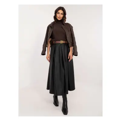 Black midi skirt made of eco-leather with pockets