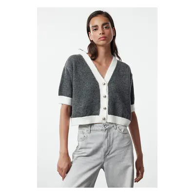 Trendyol Bone Crop Soft Texture Color Block Knit Cardigan