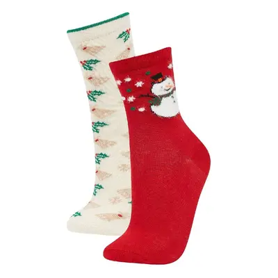 DEFACTO Girls Christmas Themed 2-Pack Cotton Long Socks