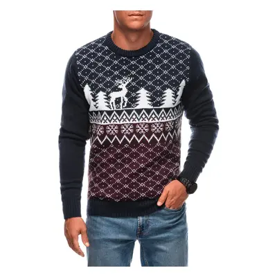 Edoti Men's Christmas winter jumper with reindeer - navy blue and white