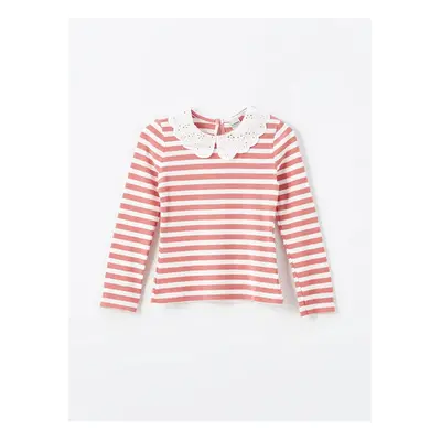 LC Waikiki LCW Kids Matte Pink Striped Baby Collar Striped Girl's T-Shirt