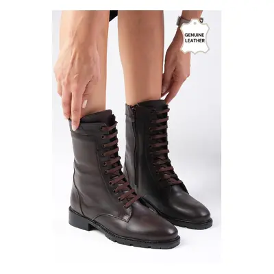 Mio Gusto Solana Genuine Leather Brown Women's Combat Boots