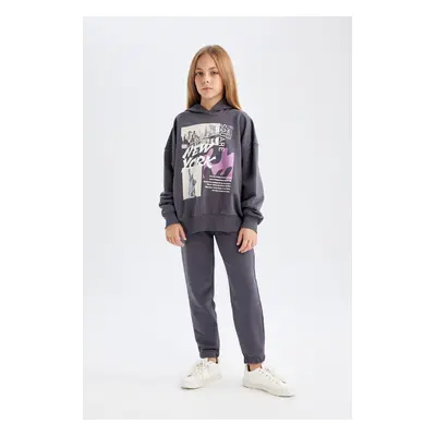 DEFACTO Girls 2-Piece Set Crew Neck Printed Sweatshirt Elastic Waist Jogger Tracksuit Bottoms