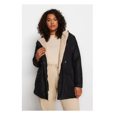 Trendyol Curve Black Regular Fit Hooded Parka & Coat with Snap Detail and Pockets