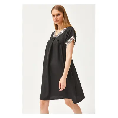 Olalook Women's Black Collar Lace Linen Dress