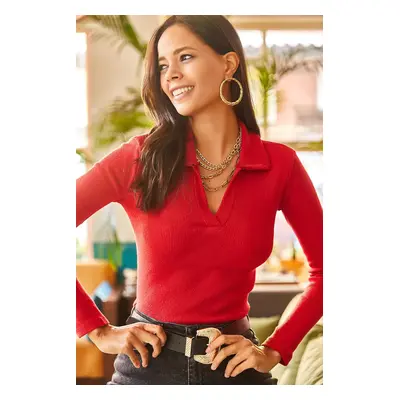 Olalook Women's Red Polo Neck Raised Camisole Blouse