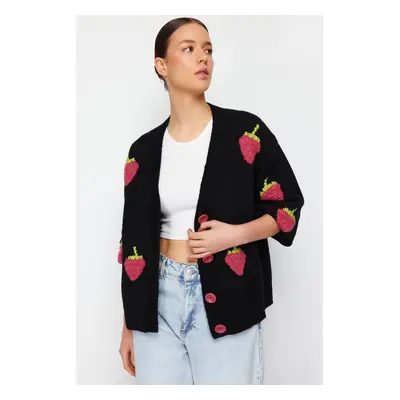 Trendyol Black Soft Textured Strawberry Embroidered Knitwear Cardigan