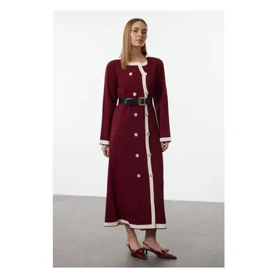 Trendyol Burgundy Belted Knitwear Color Block Dress