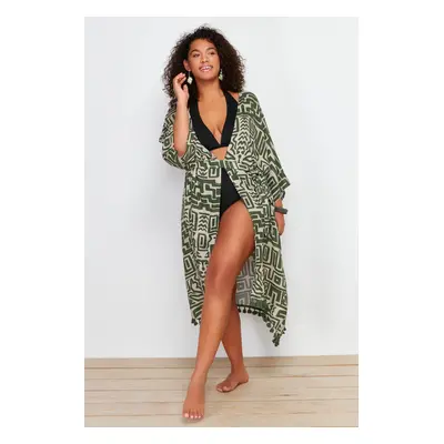 Trendyol Curve Multicolored Hem Tasseled Bat Sleeve Viscose Beach Wear Kimono & Kaftan