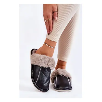 Women's leather slippers with fur Black Rossa