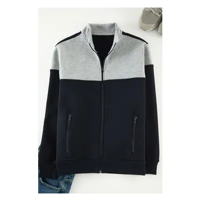 Trendyol Navy Blue-Grey Melange Regular Fit Long Sleeve Stand Collar Zippered Sweatshirt