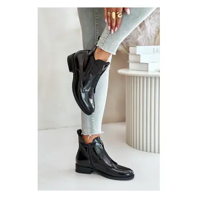 Patent leather women's ankle boots with a flat heel insulated black S.Barski black