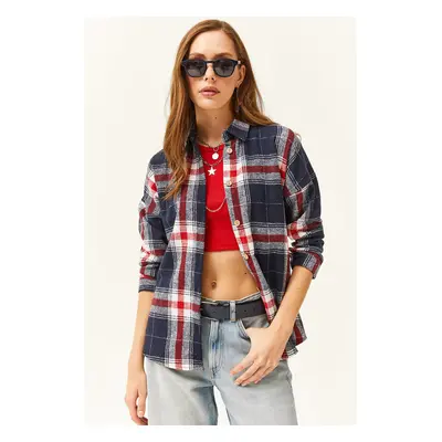 Olalook Women's Navy Blue Red Plaid Lumberjack Shirt