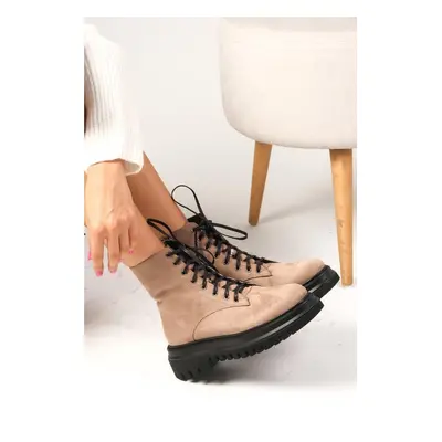 Mio Gusto Alex Beige Color Suede Lace Up and Zipper Thick Soled Women's Boots